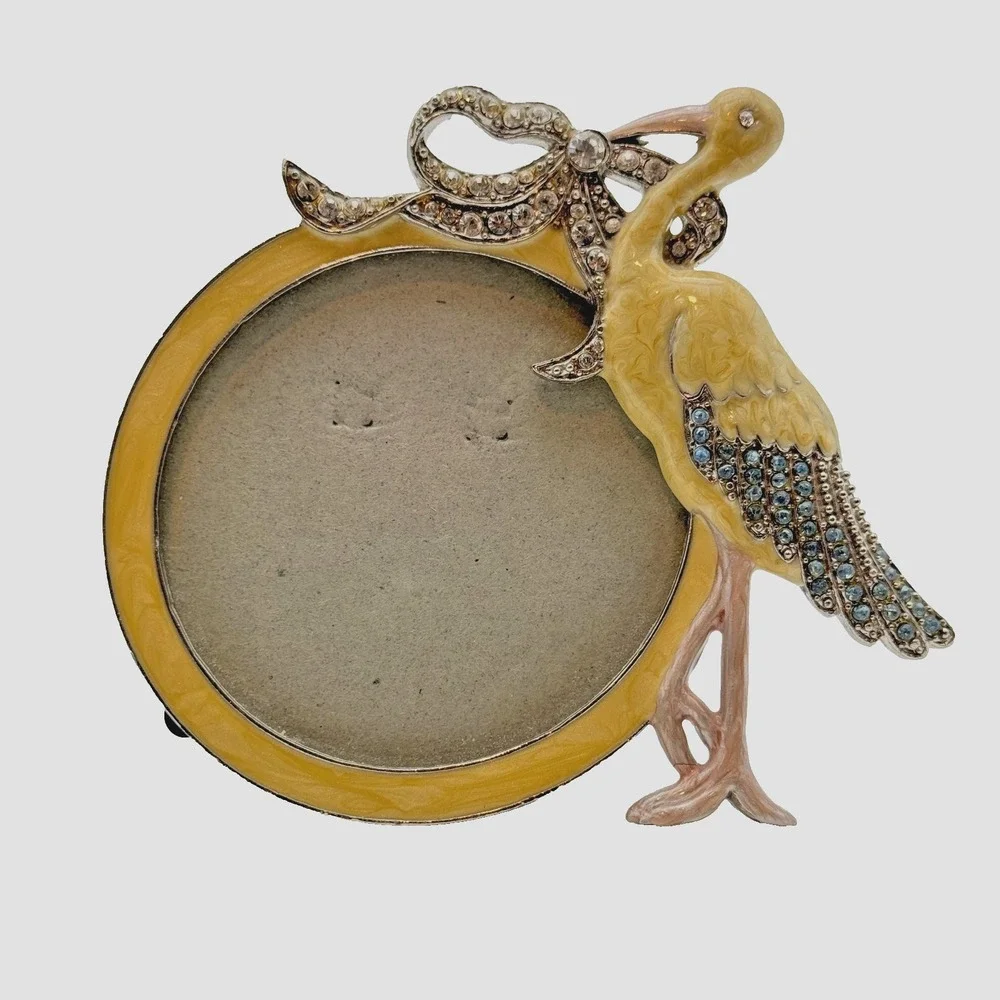 Mother's Day Vintage Jeweled Crane Picture Frame Enamel Rhinestone Tabletop Bird